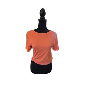 Coral Orange Raw Edge Short Sleeve Crewneck Tee with Back Patch Detail